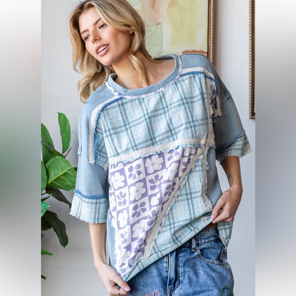 289 🏝️OLI & HALI WASHED PRINTED MIX MEDIA SHORT SLEEVE
TOP